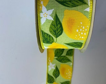 Lemon Print Wired Ribbon, Linen Burlap, 2.5 Inch, 5 Yards