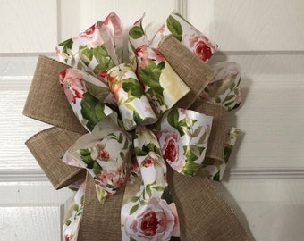 Roses Burlap Wreath Bow, Farmhouse Lantern Decor