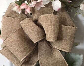 Natural Burlap Wired Ribbon Bow, Farmhouse Style