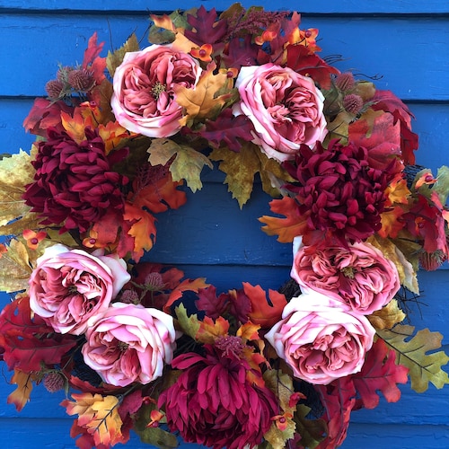 Autumn Wreath, fall shops leaves, football Mums, cabbage roses and bittersweet, Thistles and Bittersweet, Fall front door, Farm house Wreath