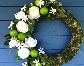 Lime & Peony Wreath, Moss Covered, Citrus Farmhouse Decor