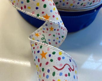 Confetti Stars Linen Ribbon, Glitter Wired Edge, 1.5 inch 5 yds