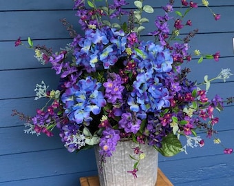 Wild Flower Front Porch Basket, Delphinium and Hydrangeas in Galvanized Oval tin Bucket ,Floral Porch decor, Country Deck arrangement