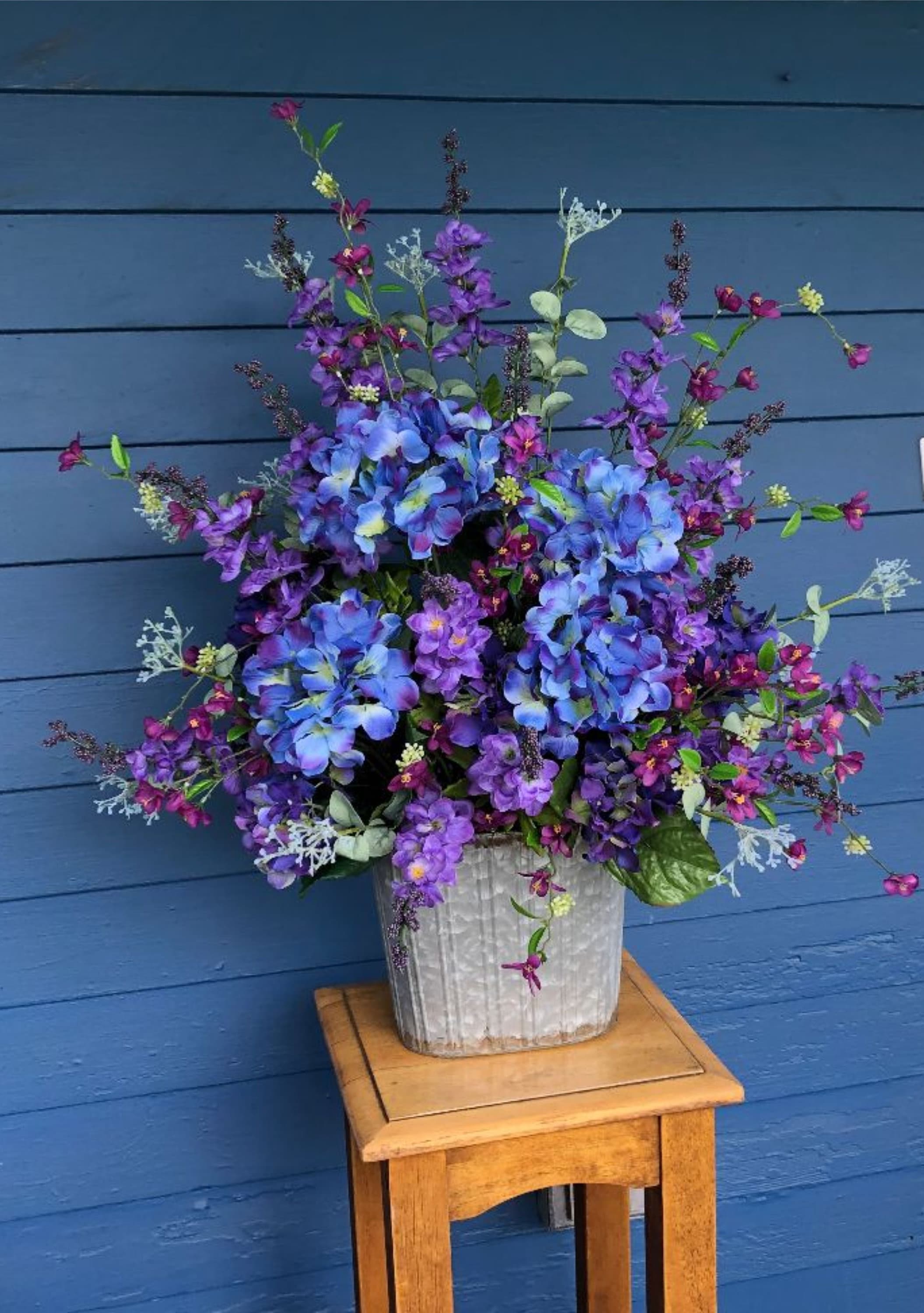 Wild Flower Front Porch Basket, Delphinium and Hydrangeas in