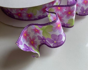 Lavender Floral Print 5 Yds. of 1 1/2" wired ribbon, Lavender, Pink, green, with purple wired edges