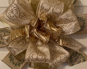 Glitter and Sparkle Gold Christmas Bow, Wreath Bow, Lantern Bow