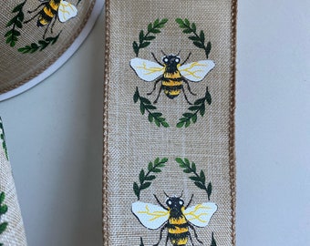 Honey Bee Print Ribbon, Natural Linen Burlap, Wired Edge, 2.5 Inch, 5 Yards