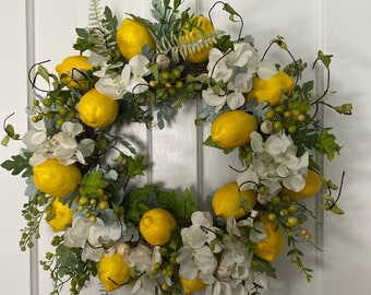 Lemon Grapevine Wreath, White Hydrangeas, Berries, 20"