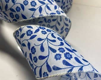 Blue Floral Linen Ribbon, Wired Edge, 2.5 inch, 5 yds