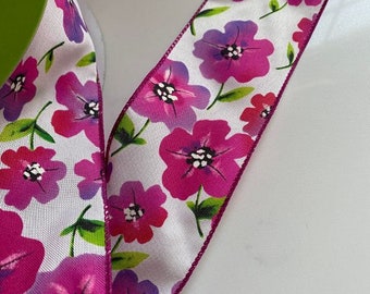 Floral Linen Ribbon, Hot Pink Purple Flowers, Wired Edge, 2.5 Inch, 5 Yards