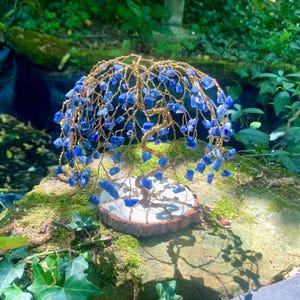 May include: A decorative wire tree sculpture featuring numerous small, tumbled blue lapis lazuli stones attached to twisted gold-toned wire branches, all mounted on a circular, natural wood slice base with visible bark edges.