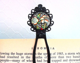 Flower Cameo Bookmark Clip, Bright Colorful Floral Art Print Image on Glass Cabochon Black Book Mark, Planner Journal Notebook Page Holder