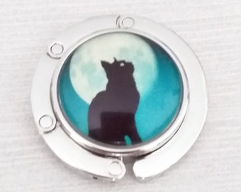 Black Cat and Moon Purse Hook, Night and Evening Print Image Handbag Holder, Tote Bag Table Hanger, Round and Foldable Tabletop Accessories