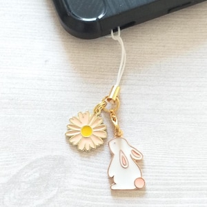 Phone Charm Strap, Mobile String Loop Lanyard, iPhone Cord Lariat Pendant, Android Cell Phone Case Accessory, Kawaii Bunny Sniffing Flower