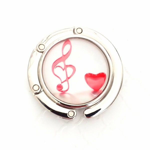 Music Love Purse Hook with Red Heart Treble Clef Handbag Hanger, Foldable and Portable Compact Tote Bag Holder for Tables, Musical Notes