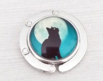 Black Cat and Moon Purse Hook, Night and Evening Art Image Handbag and Tote Bag Table Hanger, Round and Foldable Tabletop Accessories