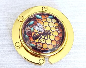 Honey Bee Purse Hook in Golden Yellow and Black, Busy Queen Bee Table Handbag Hanger, Round Foldable Magnetic Tote Bag Holder, Accessories