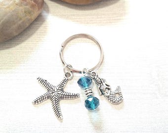 Beach Keychain, Starfish and Mermaid Charms Key Chain with Deep Teal Crystal Beads, Ocean Bead Car Accessories, Aquatic Sea Mythical Jewelry