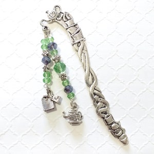 Tea Metal Bookmark with Silver Tone Teabag and Teapot Charms, Regular and Herbal Tea Drinker Gifts, Purple and Green Crystal Book Jewelry