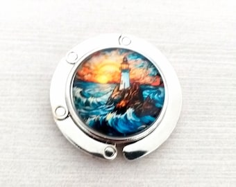 Lighthouse Purse Hook for Tables, Compact Coastline Tote Bag Hanger, Folding Magnetic East Coast Seashore Handbag Holder with Glass Cabochon