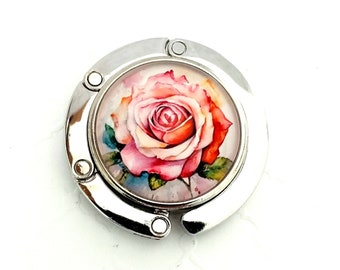 Rose Purse Hook, Handbag Hanger for Tables, Round Compact Flower Roses Bouquet Tote Bag Holder with Floral Art Print Image, Desk Accessories