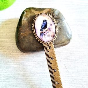 Raven Bookmark Ruler, Gothic Crow Print Image Bronze Metal Bookmarker, Oval Cameo Glass Book and Paper Accessory, Halloween Spiritual Gifts