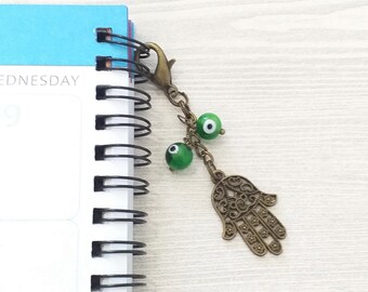 Hamsa Hand Zipper Pull, Green Evil Eyes Beaded Charm Keyring Clasp, Positive Energy Protection Jewelry Accessories, Spiritual Keychain Clip