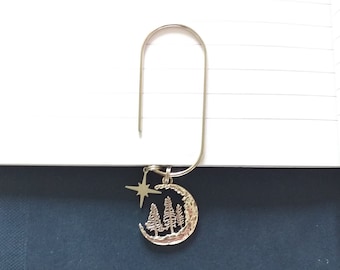 Forest Moon Paper Clip Bookmark, Celestial Star Charm Pendant Paperclip Clasp, Spruce and Pine Trees Crescent Planner Notebook Accessories