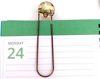 Large Vintage Car Paper Clip, Classic Auto Paperclip, Green Vehicle Bookmark Glass Cabochon in Bronze Tone, Planner and Journal Accessories