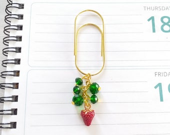 Strawberry Wide Paperclip, Glazed Strawberries Charm Large Paper Clip, Journal Accessories with Dark Green Crystal Beads, Fruit Diet Planner