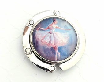 Ballerina Purse Hook, Ballet Handbag Hanger, Dancer Tutu Skirt Tote Bag Holder for Tables, Round Compact Folding Magnetic Glass Accessories