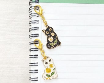 Cat Charm Planner Clips in Black or White, Animal Organizer Clasps Spiral Ring Binder Paper and Book Accessories, Planners and Calendars