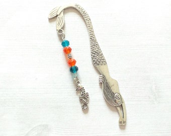 Mermaid Metal Book Mark, Seahorse Charm Bookmark with Crystal Beads, Marine and Beach Book Jewelry, Teacher Gifts, Mythical Accessories