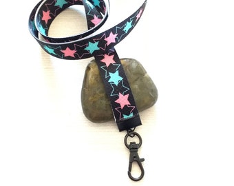 Stars ID Badge Lanyard Clip, Lightweight Grosgrain Ribbon Key Holder Clasp, Handsfree Accessories with Pink and Mint Green Pattern on Black