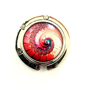 Crochet de sac à main fractal, cintre de sac à main tourbillon, support de sac fourre-tout à motif géométrique répétitif rouge et rose pour tables, compact magnétique en spirale, cadeau