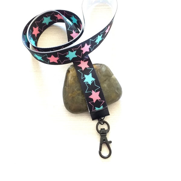 Clip pour cordon d'identification étoiles, fermoir porte-clés en ruban gros-grain léger, accessoires mains libres avec motif rose et vert menthe sur noir