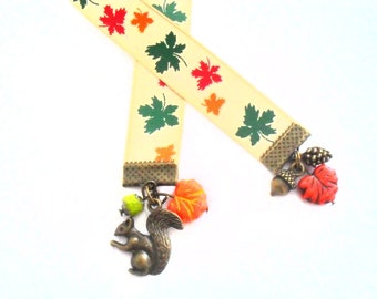 Autumn Ribbon Bookmark with Fall Maple Leaves, Bronze Squirrel Pendant with Acorn and Pinecone Charms, Czech Glass Beads Thanksgiving Colors