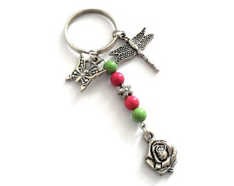 Garden Keychain with Rose, Butterfly and Dragonfly Charms, Plants Key Chain with Pink and Green Beads, Gifts for Gardeners, Key Accessories