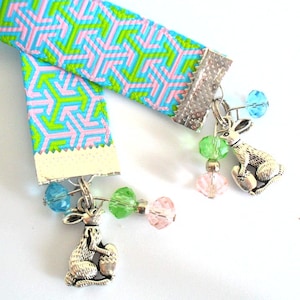 Easter Bunny Bookmark, Silver Rabbit Charm with Eggs Book Jewelry, Beaded Ribbon Book Mark Reading Accessories in Aqua Blue Green and Pink