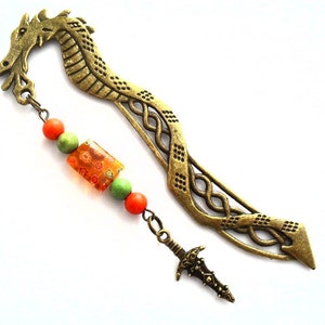 Dragon Metal Bookmark with Fantasy Sword Charm, Science Fiction Bookmarker, Green and Orange Bead Chinese Dragon Fantasy Novels Book Jewelry
