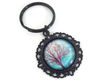 Tree Branches Keychain in Red and Aqua Blue, Glass Cabochon Outdoors Nature Art Image Key Chain Purse and Car Accessories in Victorian Style