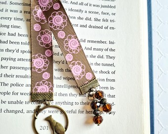 Cat and Mouse Ribbon Bookmark with Rustic Brown Crystal Glass Beads, Bronze Cat Pendant Book Jewelry and Accessory, Beaded Feline Stationary