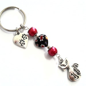 Cat Charm Keychain with Paw Print Heart, Glass Pearl Beads and Millefiori Beaded Purse and Car Accessories Key Chain on Stainless Steel Ring