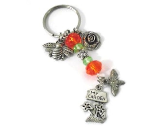 My Garden Keychain with Colorful Crystal Beads, Mother's Day Gardening Gifts Key Chain with Silver Tone Bee, Flower, Rose and Moth Charms