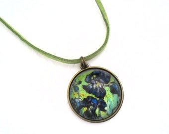 Van Gogh Necklace Irises in Blue and Green, Iris Oil Painting Vegan Suede Faux Leather Glass Cabochon Jewelry and Crystal Bead Extension
