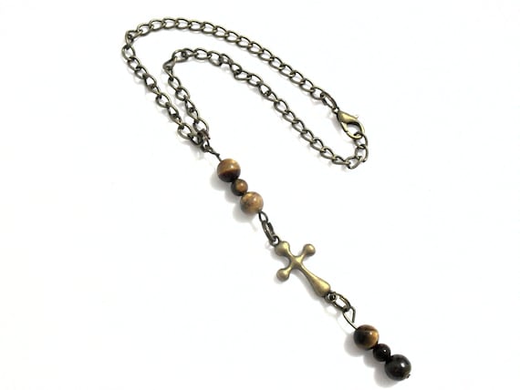 Cross Rear View Mirror Car Charm, Christian Prayer Bible Rearview Accessories, Church Crucifix Faith and Safety Tiger Eye Gemstone Beads