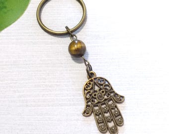 Hamsa Hand Keychain, Protection Tiger Eye Gemstone Car Accessories, Bohemian Purse Accessory, Spiritual Yoga Beaded Key Chain, Hipster Boho