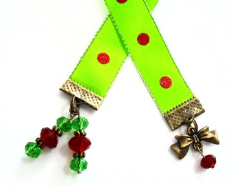 Christmas Ribbon Bookmark in Red and Green with Bronze Tone Holiday Bow Charm, Crystal Beaded Book Mark and Paper Accessories