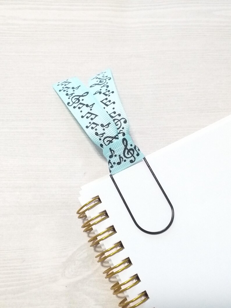 Paperclip Ribbon Bookmarks Music Notes Ribbon Paperclip, Aqua Blue and Black Wide Paper Clip, Bow ...