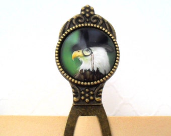 Steampunk Bookmark Clip, Bald Eagle Image Glass Dome Planner Clip, Bald Eagle With Top Hat, Professor Gifts, Antique Victorian Bookmarks